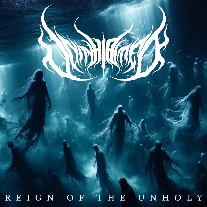 Reign of the Unholy cover: a field of crosses under a torn golden sky, demons circling above