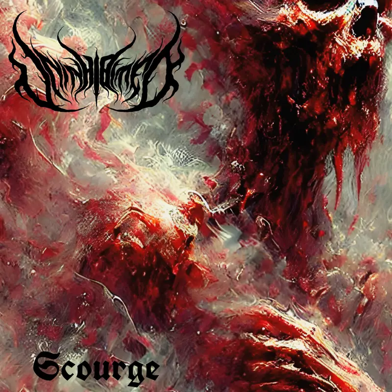 Scourge cover: a skull-faced figure emerging from swirling red and white paint